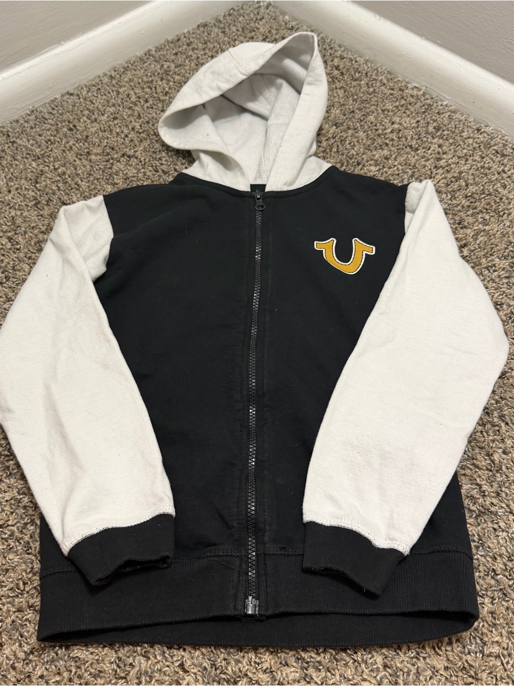 Kids True Religion Black & White Zip Hoodie with Yellow Crest
